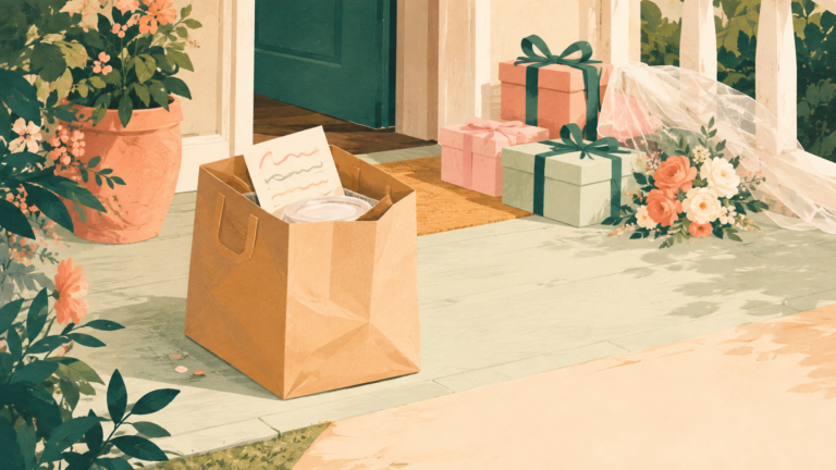 One handwritten delivery note leading to wedding gifts on a porch — original editorial illustration for The Good Daily.