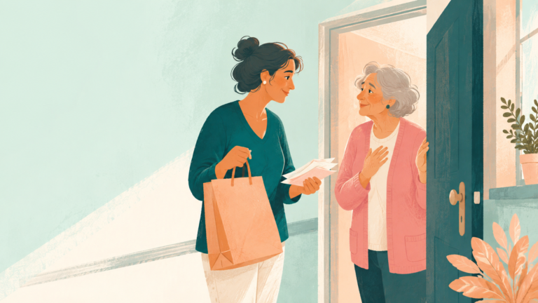 Younger neighbor helping older neighbor with groceries and paperwork at apartment doorway — original editorial illustration for The Good Daily.