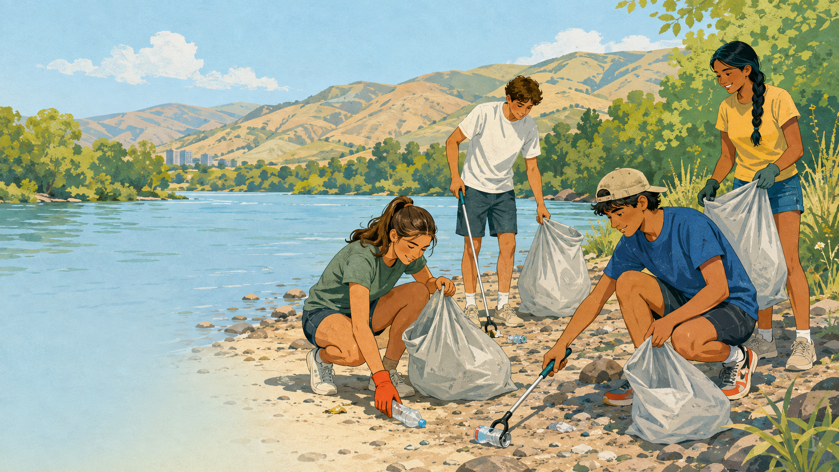 Teens collecting riverbank litter into plain bags beside the Boise River — original editorial illustration for The Good Daily.