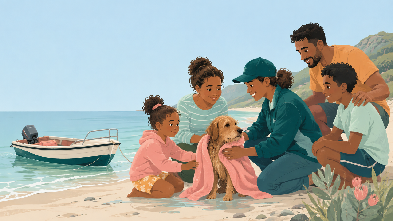 Shoreline rescue with dog wrapped in towel and waiting family — original editorial illustration for The Good Daily.