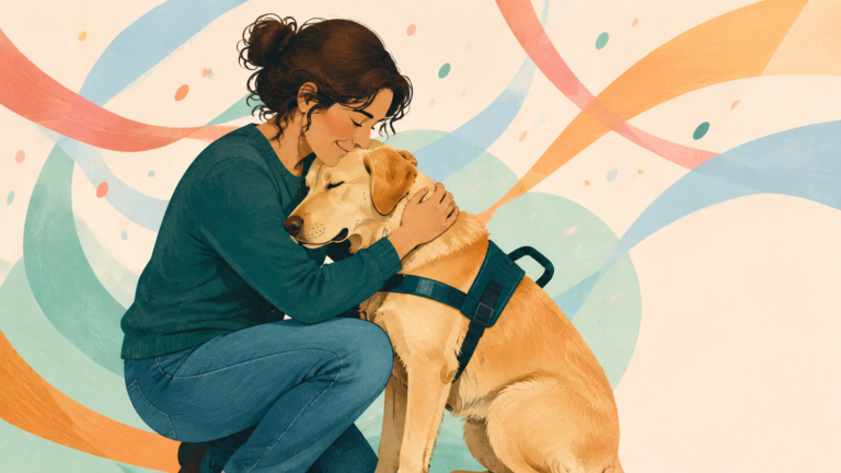 Service dog leaning into puppy raiser before graduation — original editorial illustration for The Good Daily.