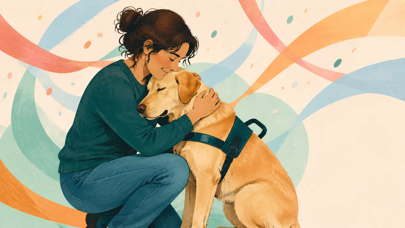 Service dog leaning into puppy raiser before graduation — original editorial illustration for The Good Daily.