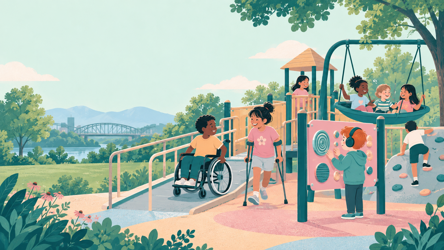 Warm editorial illustration of children with varied mobility and sensory needs playing together in a leafy public park; no logos