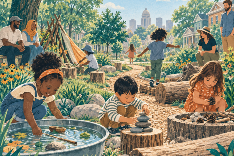 Children exploring an outdoor play space with natural materials in a leafy neighborhood.
