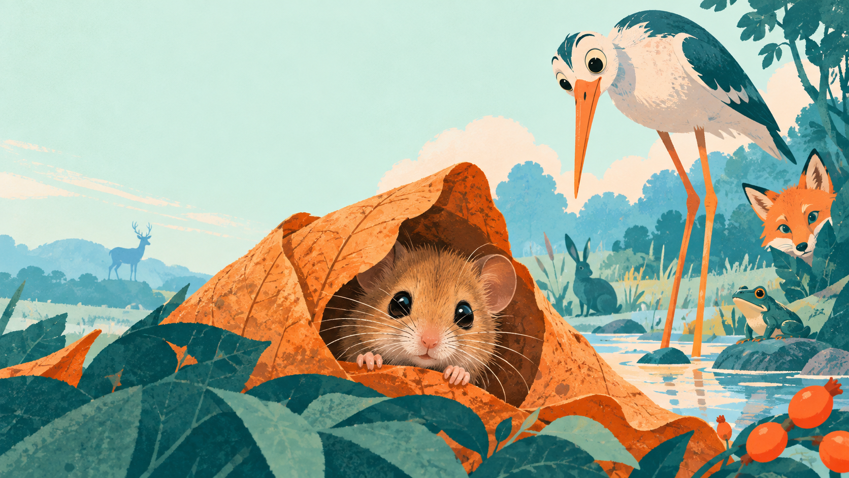 A dormouse peeks from a leaf beside a tall bird and other animals in a colorful wetland scene.