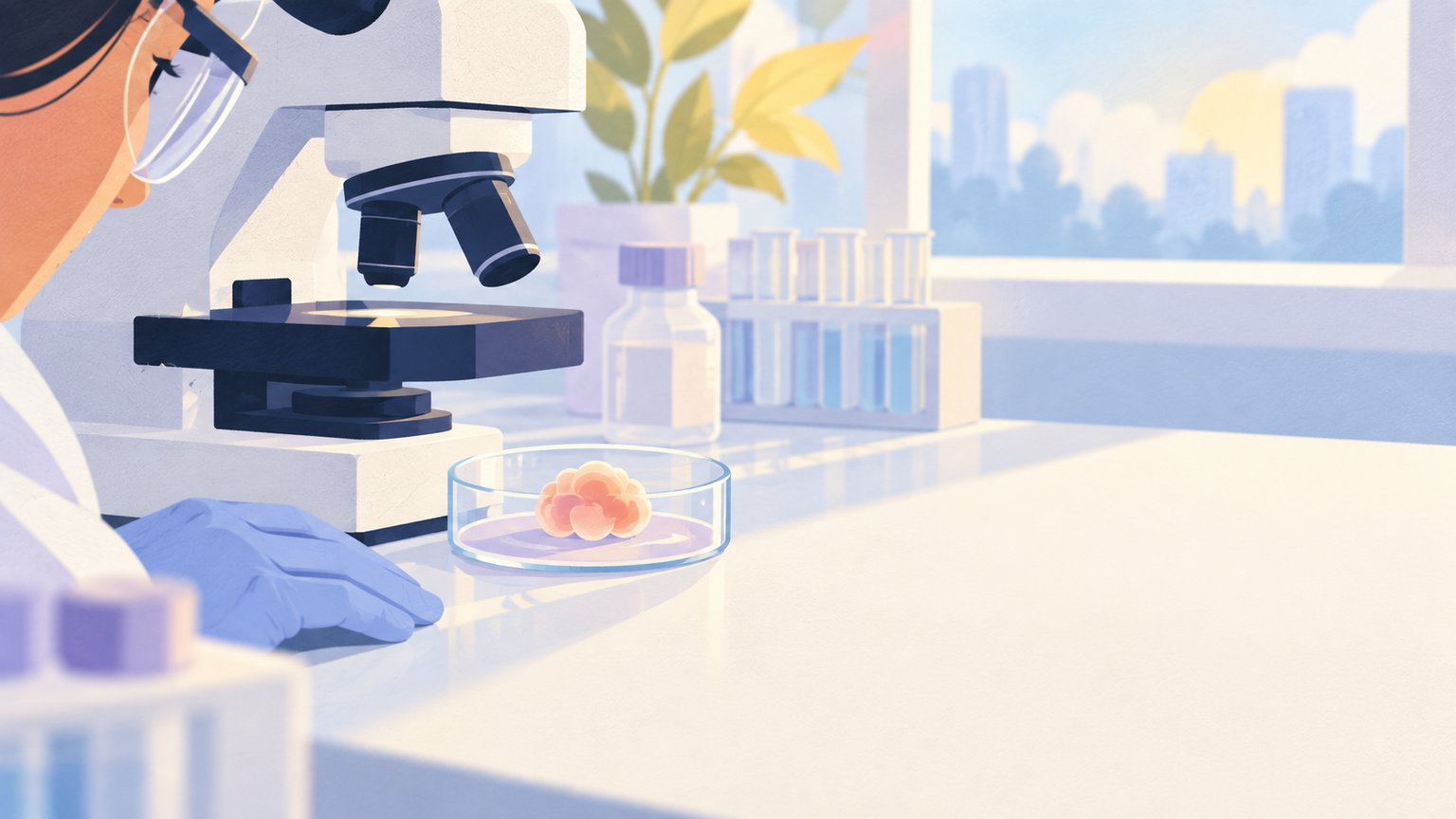 Clear, humane illustration of a tiny brain organoid beside a microscope and soft laboratory light