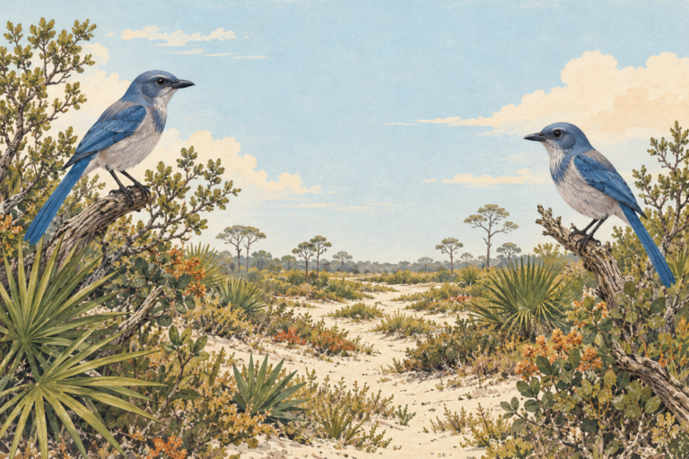 Two Florida scrub-jays perched in scrub habitat with a connected landscape behind them.