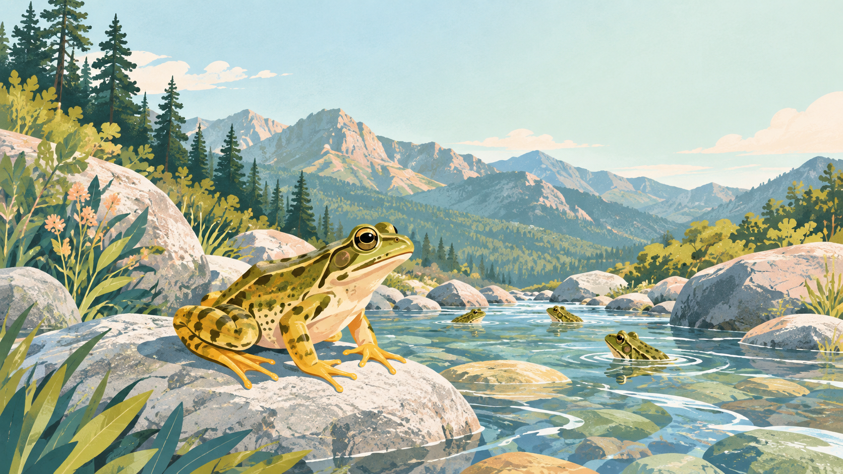 A yellow-legged frog rests on a stone in a clear mountain stream beneath the San Gabriel Mountains.