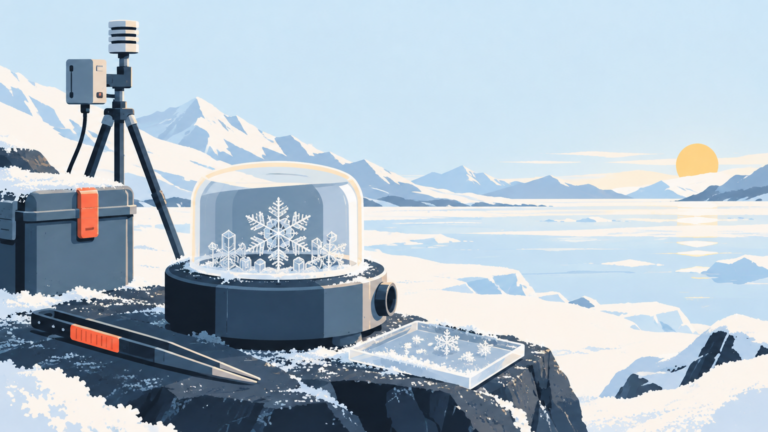 Snow crystals and field research equipment rendered in an airy scientific illustration