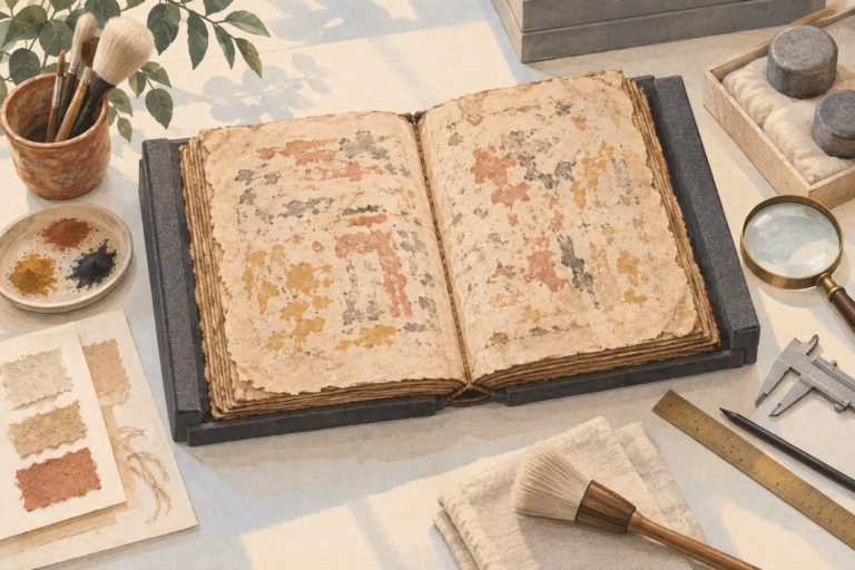 An old manuscript resting on a conservation table beside non-readable research tools.