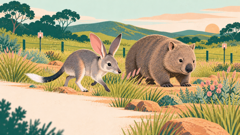 A bilby and northern hairy-nosed wombat move through protected Australian grassland.