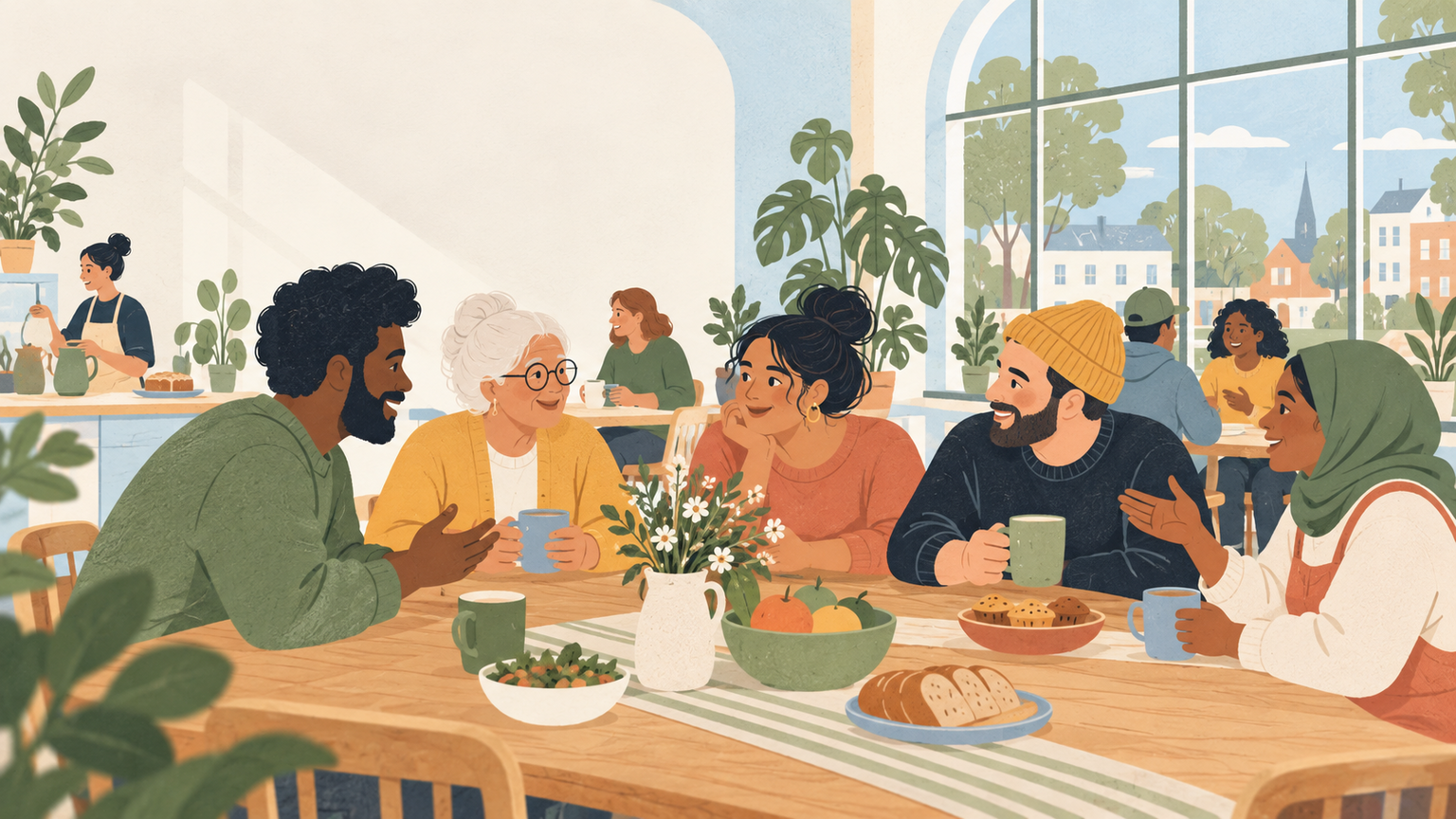 Bright community café table with shared food, mugs, and neighbors talking
