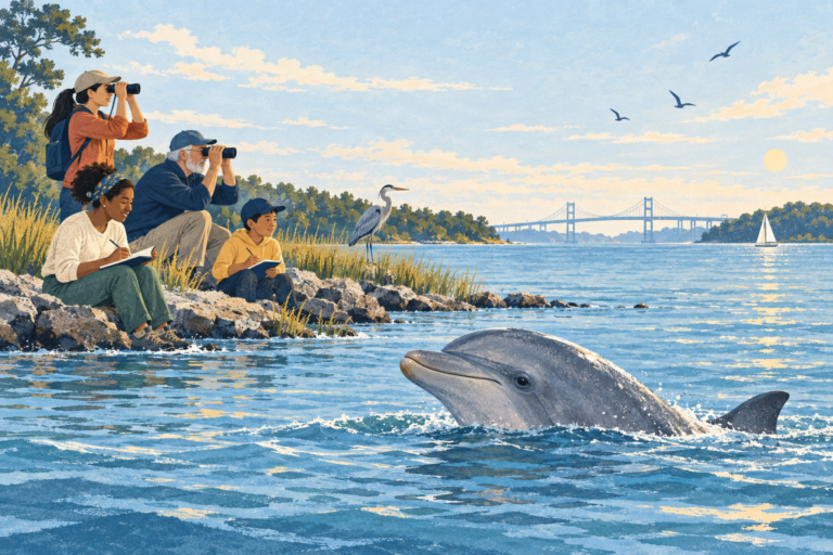 A bottlenose dolphin surfacing in the Chesapeake Bay as observers watch from shore.