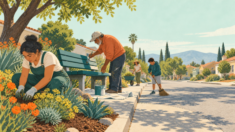 Neighbors paint, plant, and sweep together to improve a sunny community street.