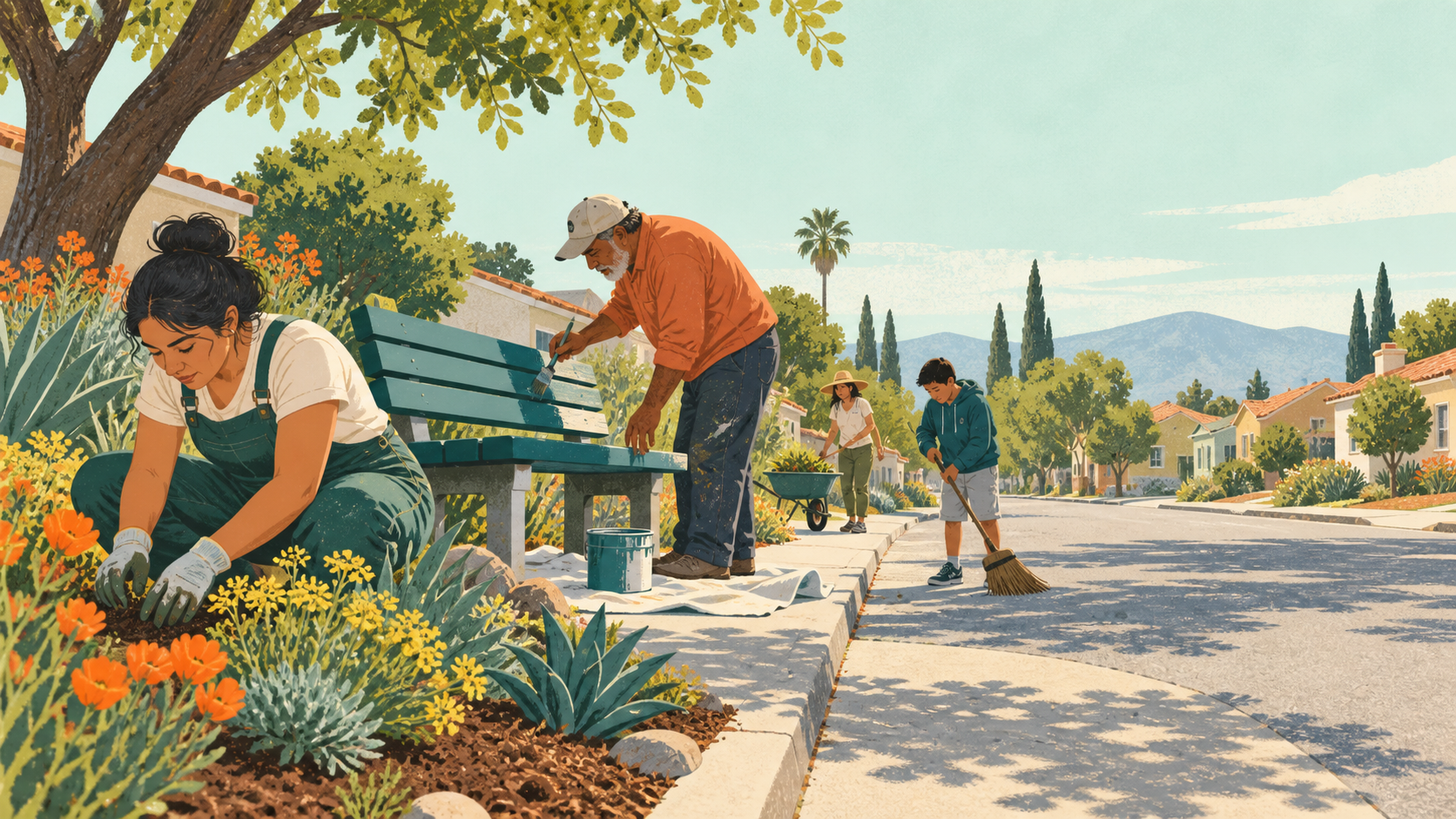 Neighbors paint, plant, and sweep together to improve a sunny community street.