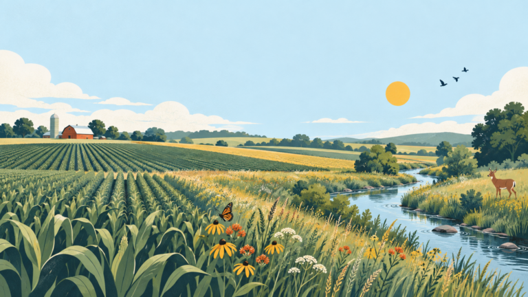 Working farmland transitioning into strips of native habitat with wildlife and clean waterways