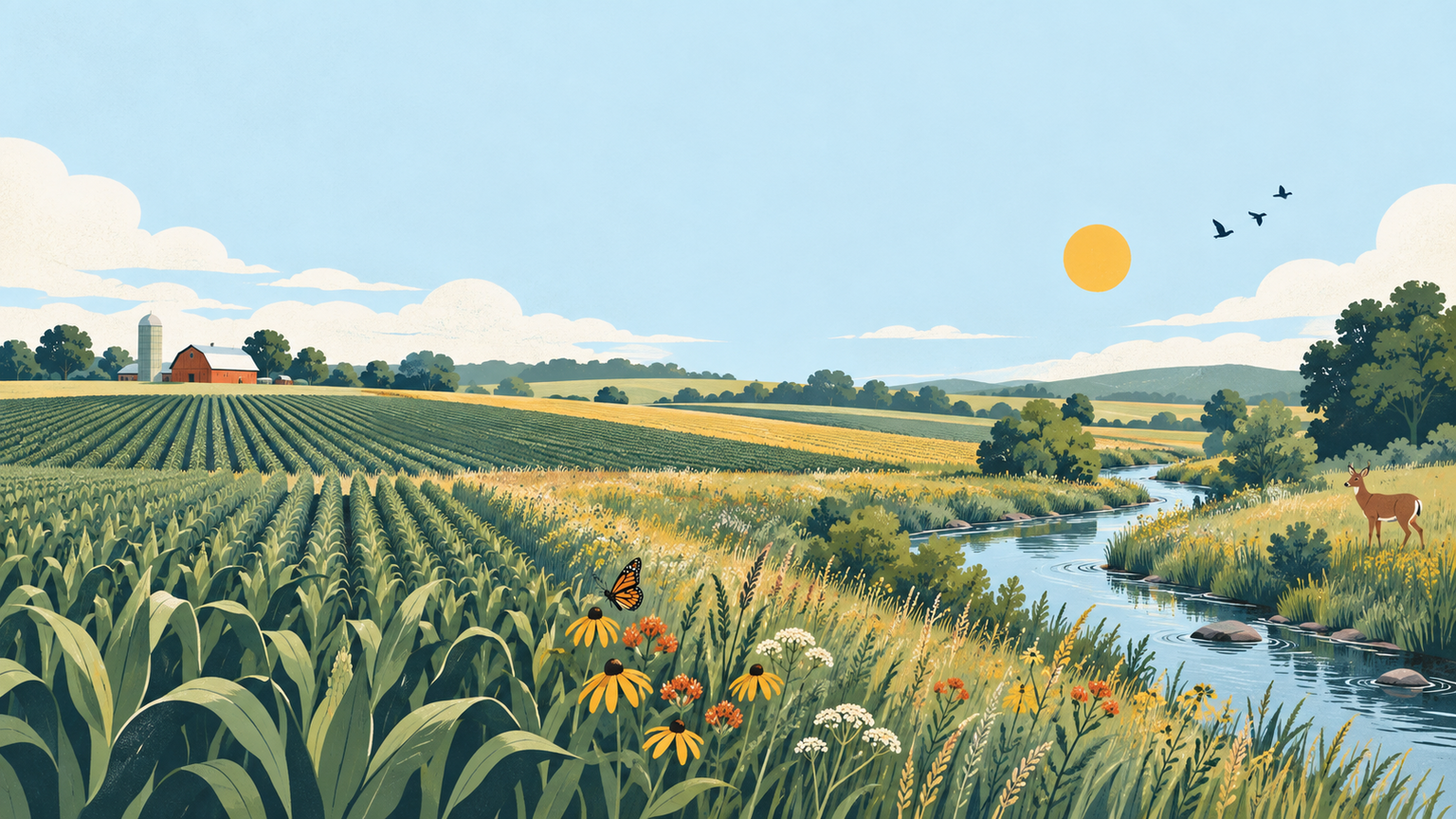 Working farmland transitioning into strips of native habitat with wildlife and clean waterways