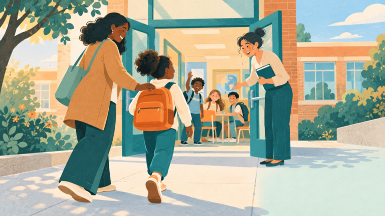 A child with a backpack arrives at a welcoming school as adults offer support.