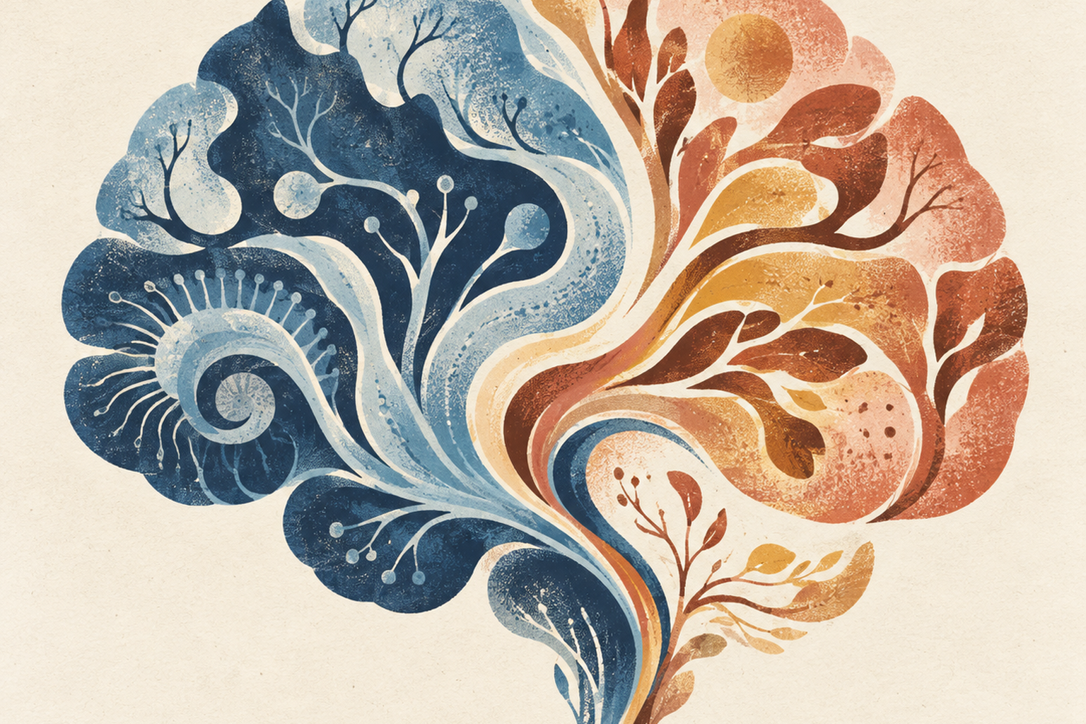 Two complementary organic forms joining into an abstract brain-like silhouette.