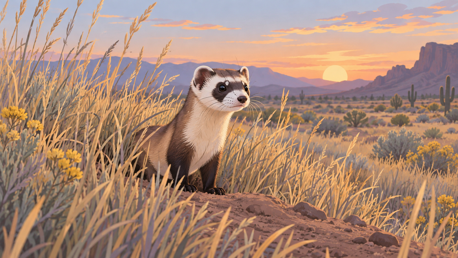 Black-footed ferret emerging from prairie grass at dusk, naturalistic and hopeful