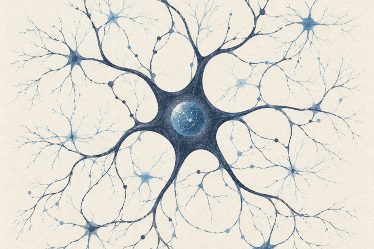 Branching neural pathways extending from a central cell-body form.
