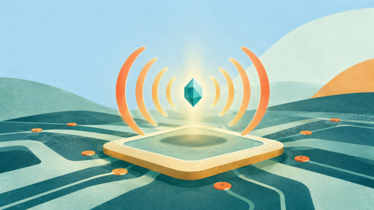 A glowing quantum bit is held between concentric sound waves above a stylized chip.