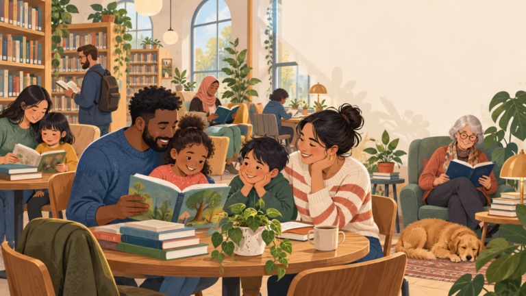 Families and adults reading together in a welcoming library, phones set aside without judgment