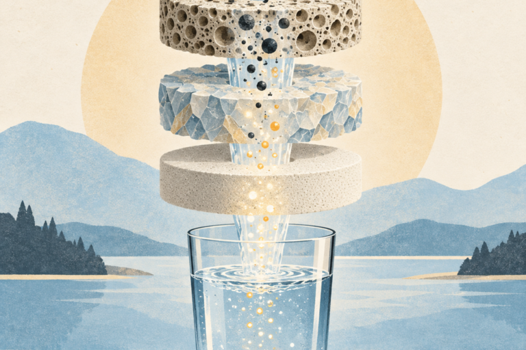 Clean water passing through layered filtration material in an editorial science illustration.