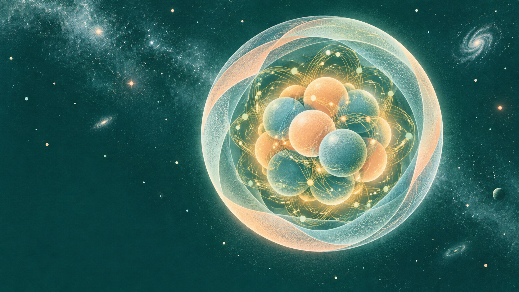 A luminous stylized atomic nucleus reveals layered particles and glowing internal threads against space.