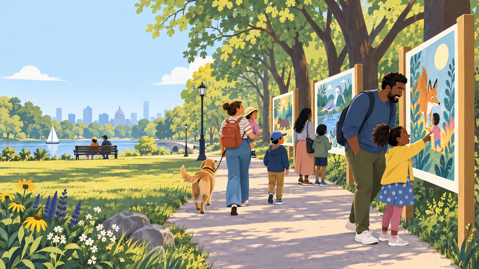 Illustrated story pages mounted along a tree-lined park path with families strolling