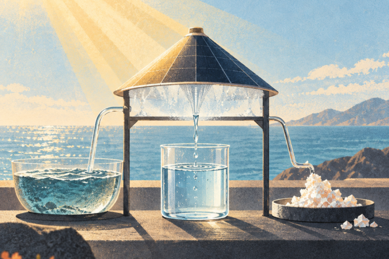 Sunlight-driven desalination separating seawater into clear water and mineral crystals.