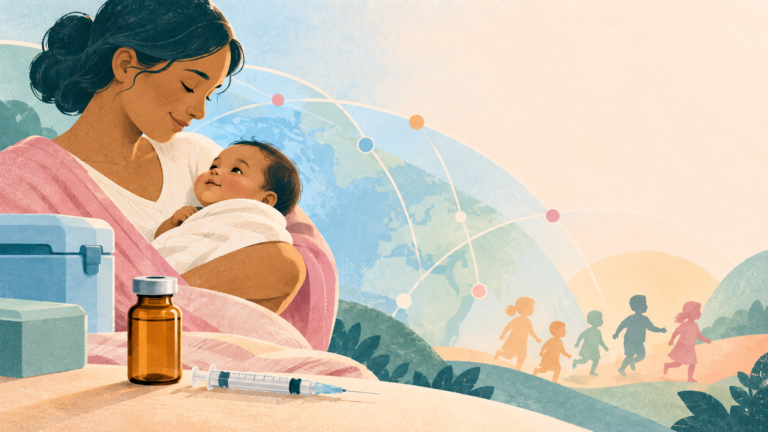 An unmarked vaccine vial and syringe sit near a caregiver holding an infant in a gentle public-health scene.