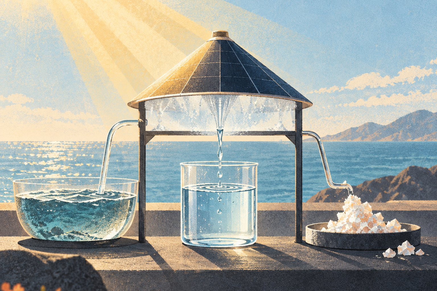 Sunlight-driven desalination separating seawater into clear water and mineral crystals.