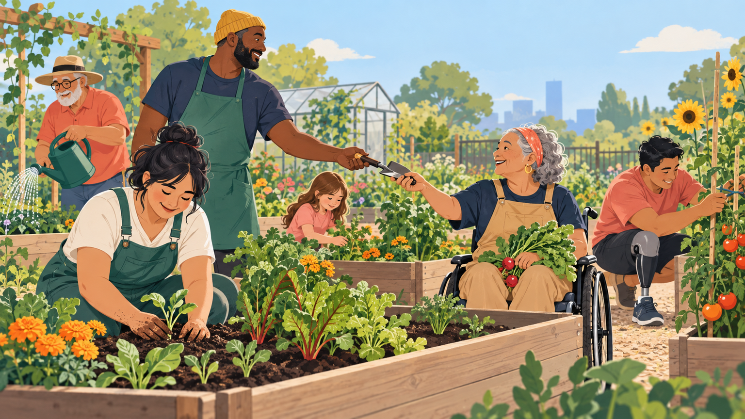Diverse gardeners tending raised beds in a bright community garden