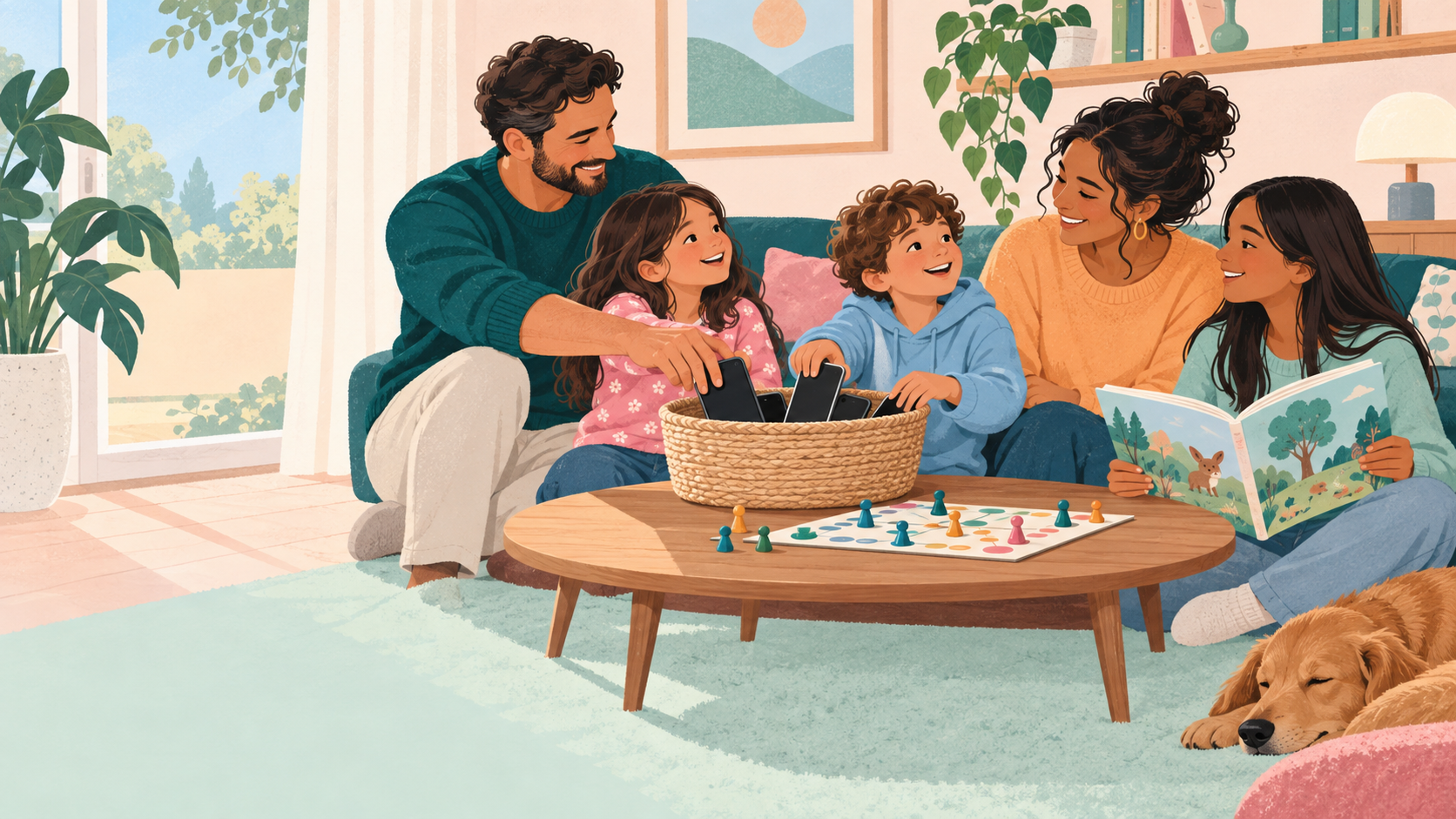 A family sets aside smartphones and turns toward a shared game and conversation at home.