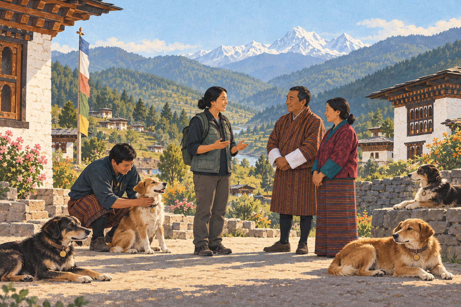 A community health worker with dogs and residents in a calm Bhutanese village setting.