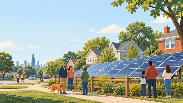 Community solar array beside Illinois homes, with clear skies and people represented at neighborhood scale