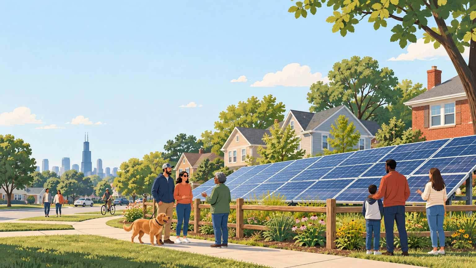 Community solar array beside Illinois homes, with clear skies and people represented at neighborhood scale