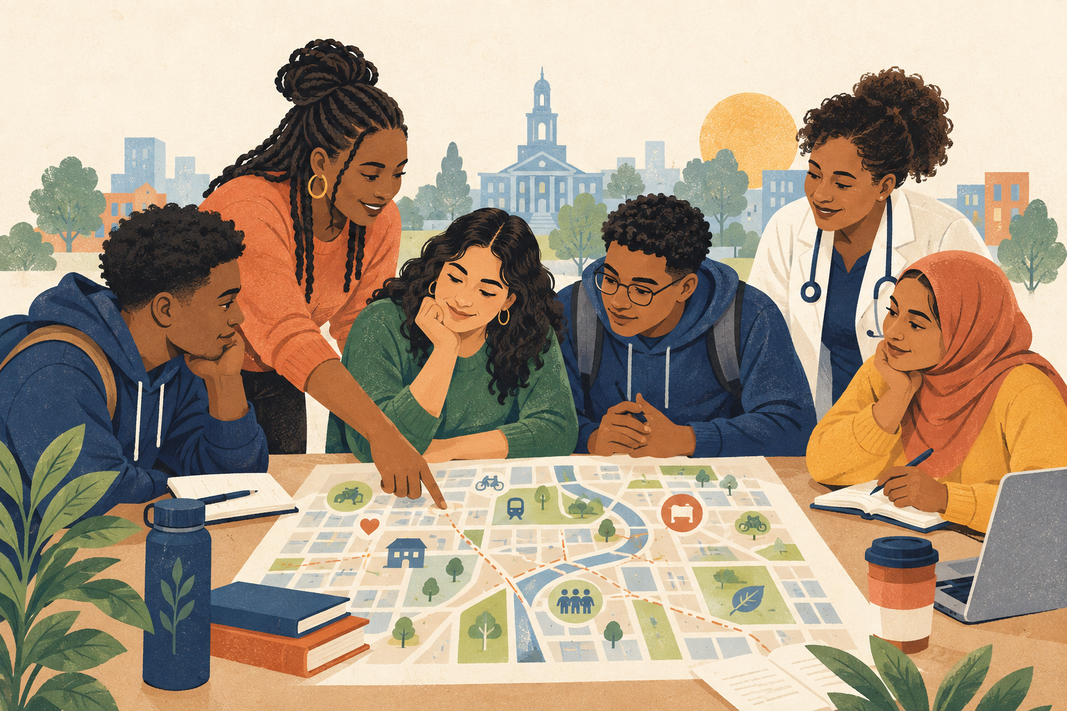Students and community-health workers reviewing a neighborhood map together.