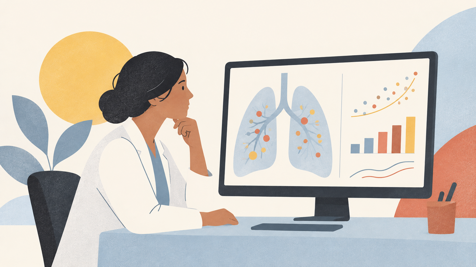 Clinician reviewing a lung scan with an understated data visualization; no patient identifiers