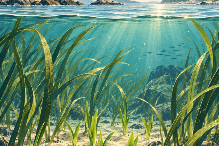Young eelgrass shoots growing in a clear coastal meadow.