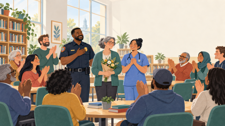 Community members applauding local heroes inside a bright library meeting room