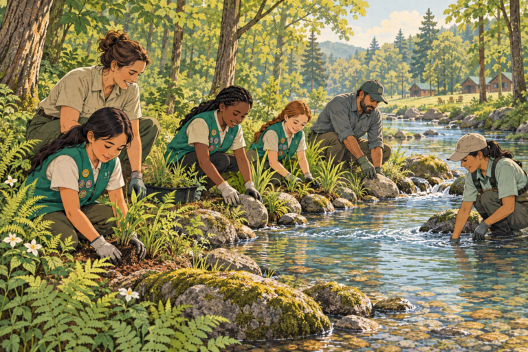 Girl Scouts and conservation workers restoring a woodland stream at camp.