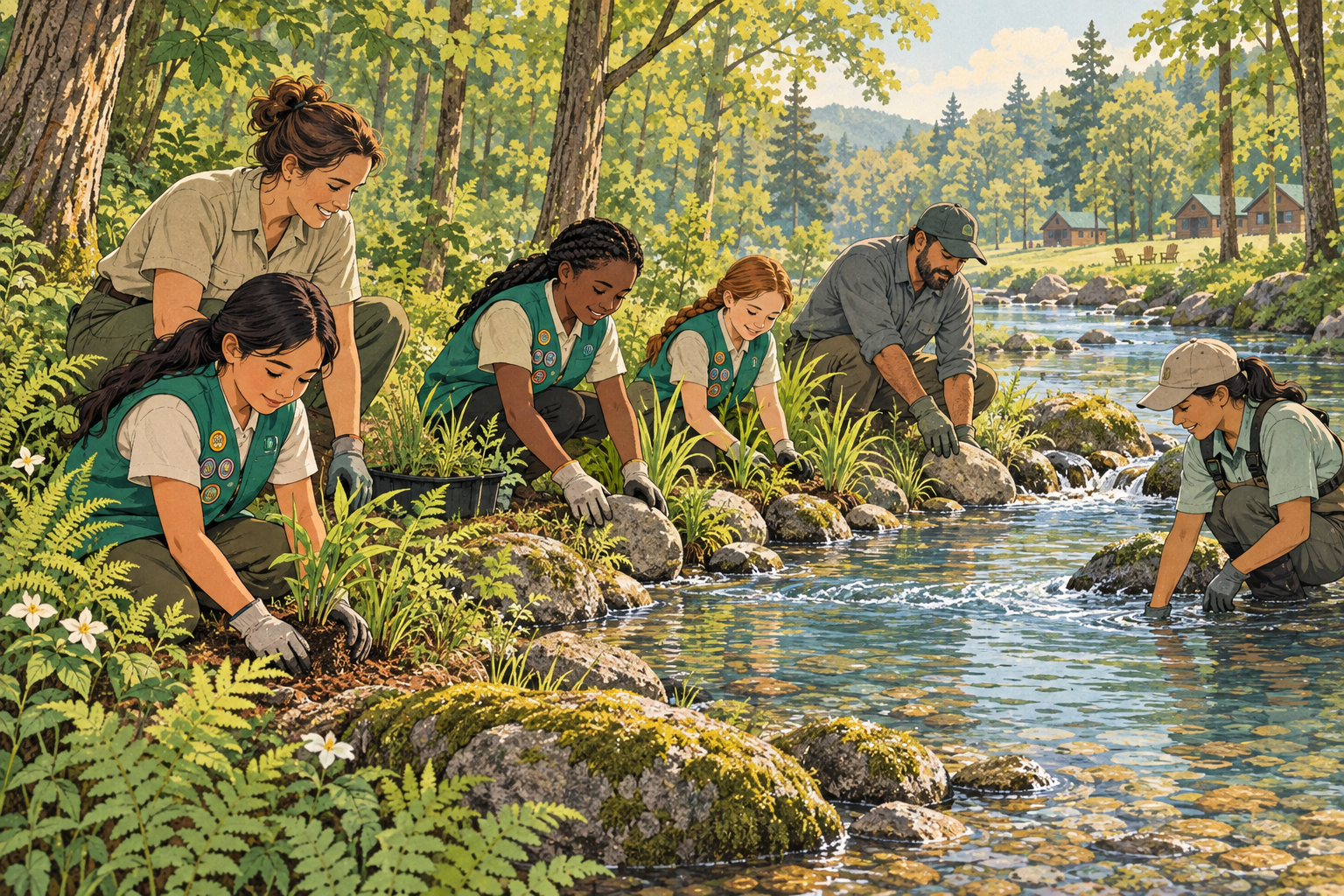 Girl Scouts and conservation workers restoring a woodland stream at camp.