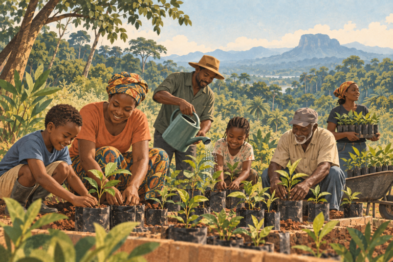 Community members tending native tree seedlings beside a forest edge in Cameroon.