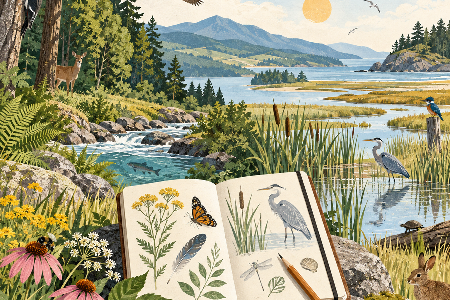 A field notebook surrounded by varied healthy habitats in an evidence-inspired nature collage.