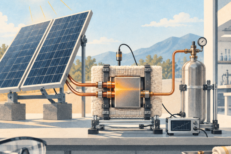 Solar panels connected to a small research apparatus for green-hydrogen production.