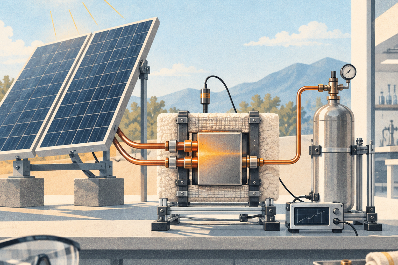 Solar panels connected to a small research apparatus for green-hydrogen production.