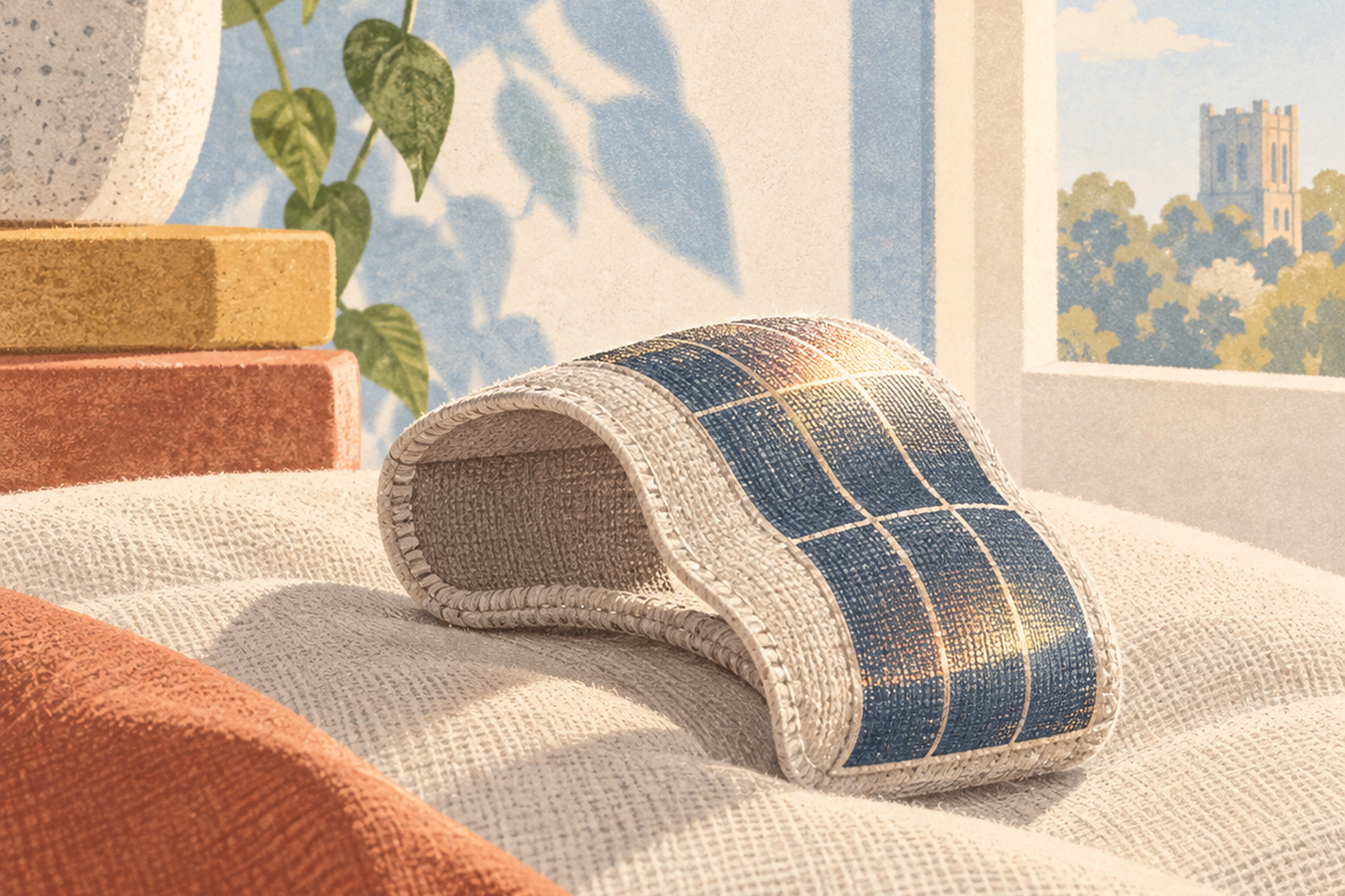 A prototype wearable health sensor illuminated by daylight near a window.