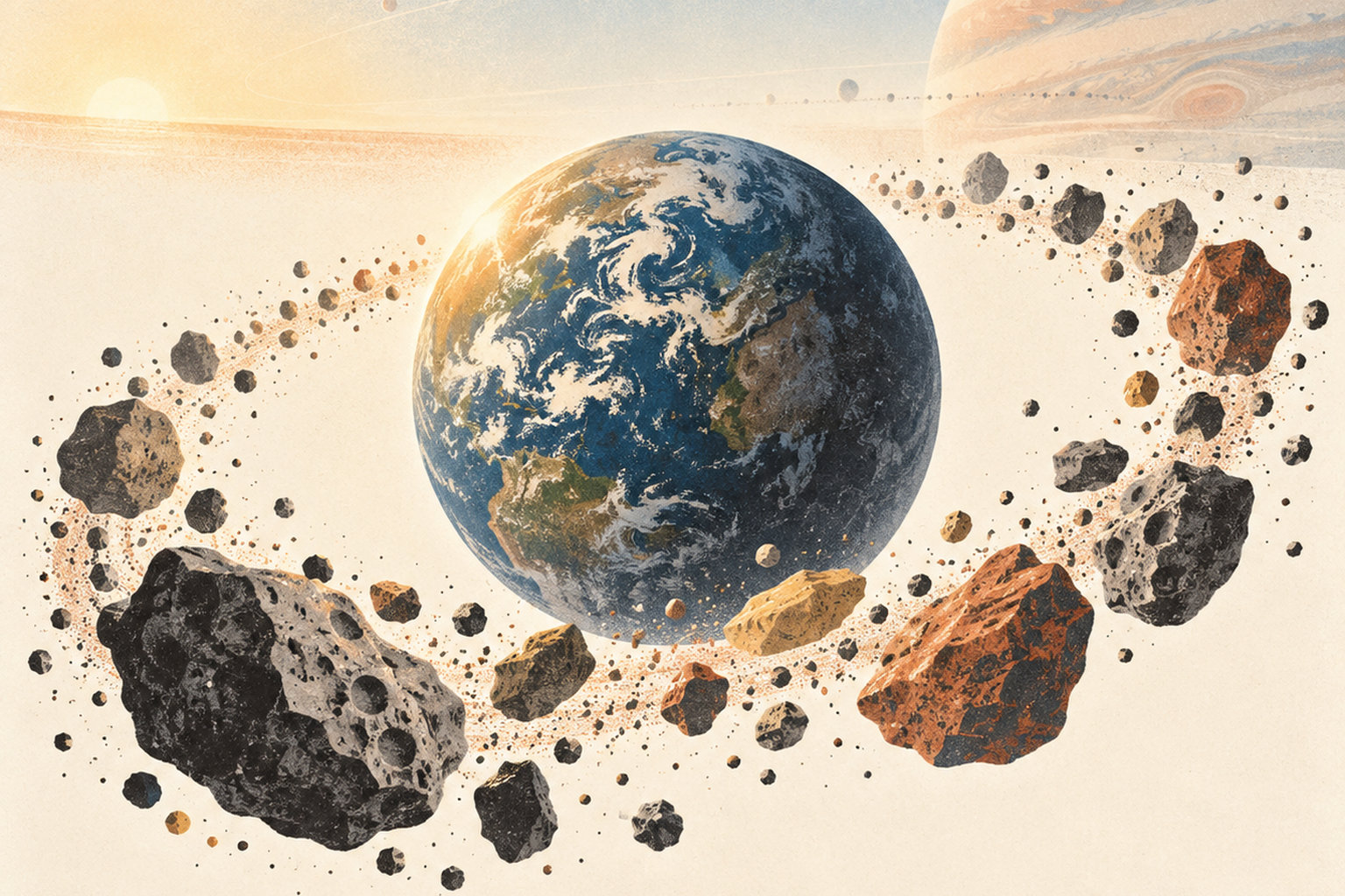 Earth emerging from meteorite fragments within an inner-solar-system landscape.